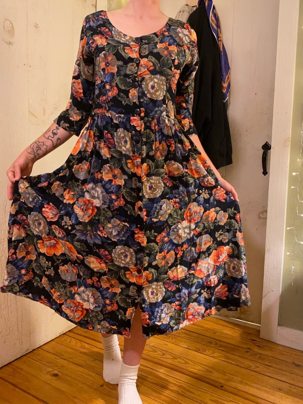 Passport Black Midi Dress with Orange & Blue Floral Print